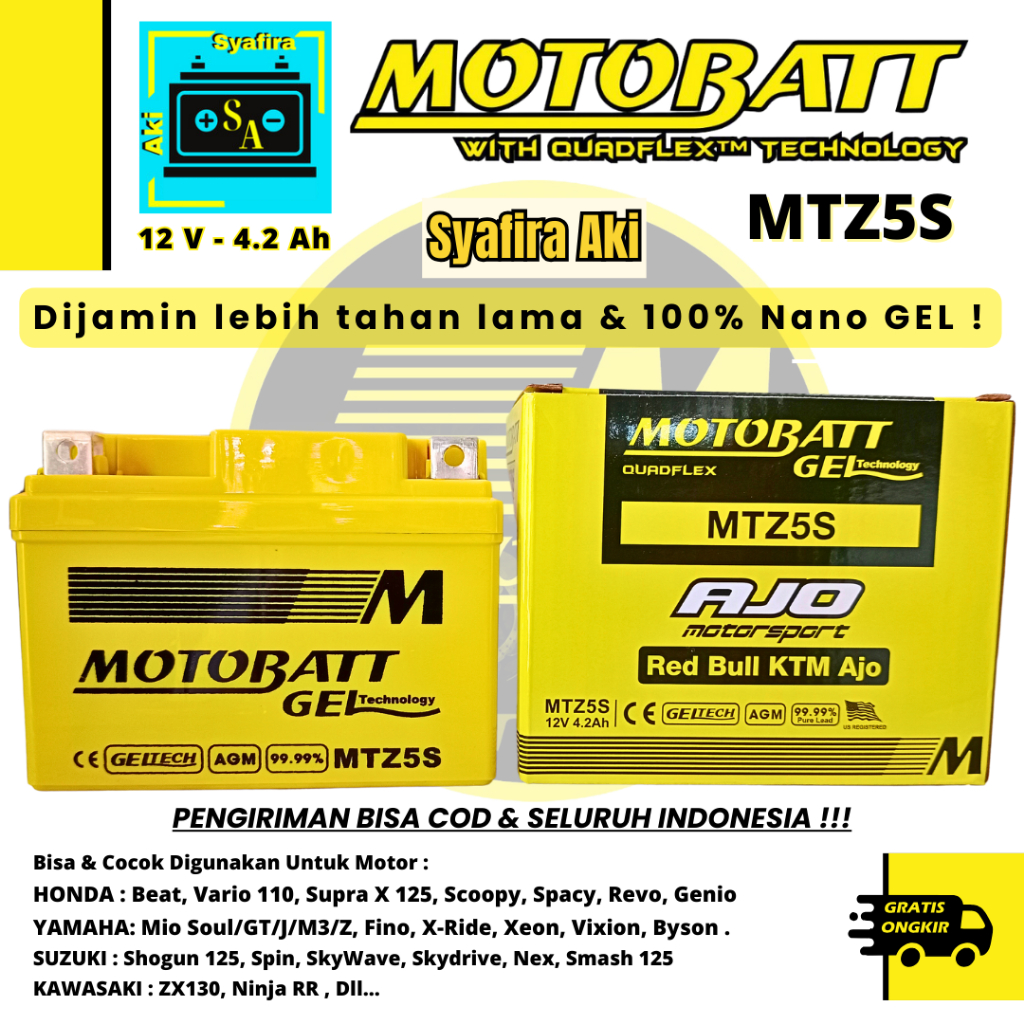 AKI MOTOR BEAT, VARIO 110, SCOOPY, SUPRA X 125  MTZ5S MOTOBATT GELL