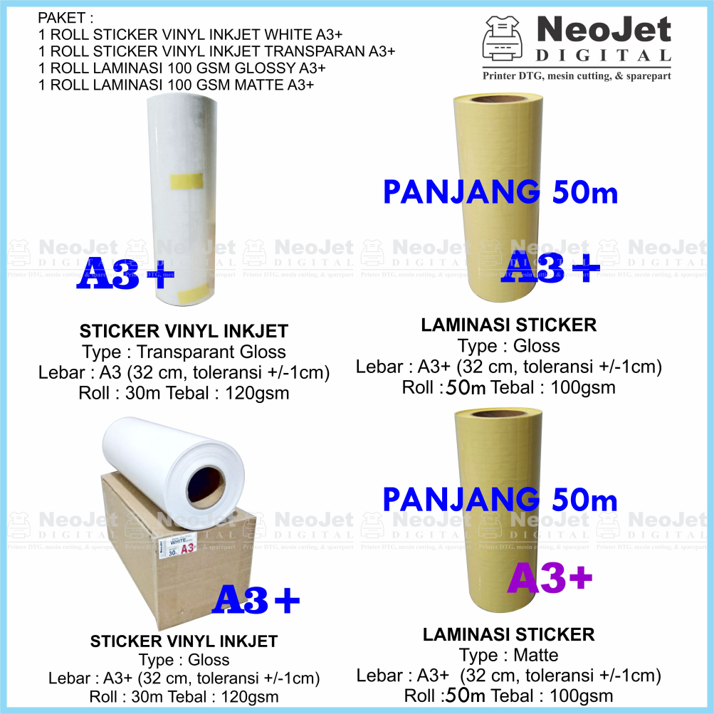 

Paket Sticker Vinyl Inkjet White Transparan Laminasi 100gsm Glossy Matte A3