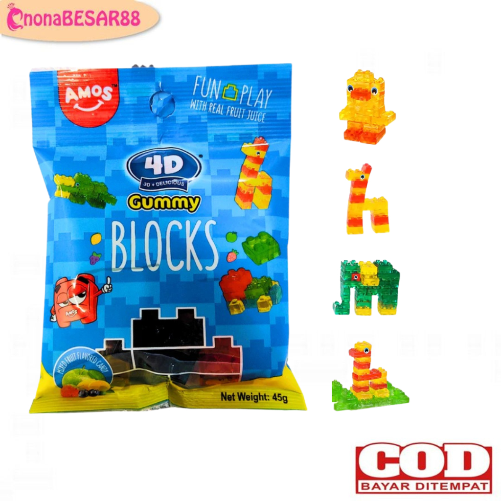 

Amos 4D 40GR Gummy Candy Blocks / Permen jelly Lunak / Permen 4D