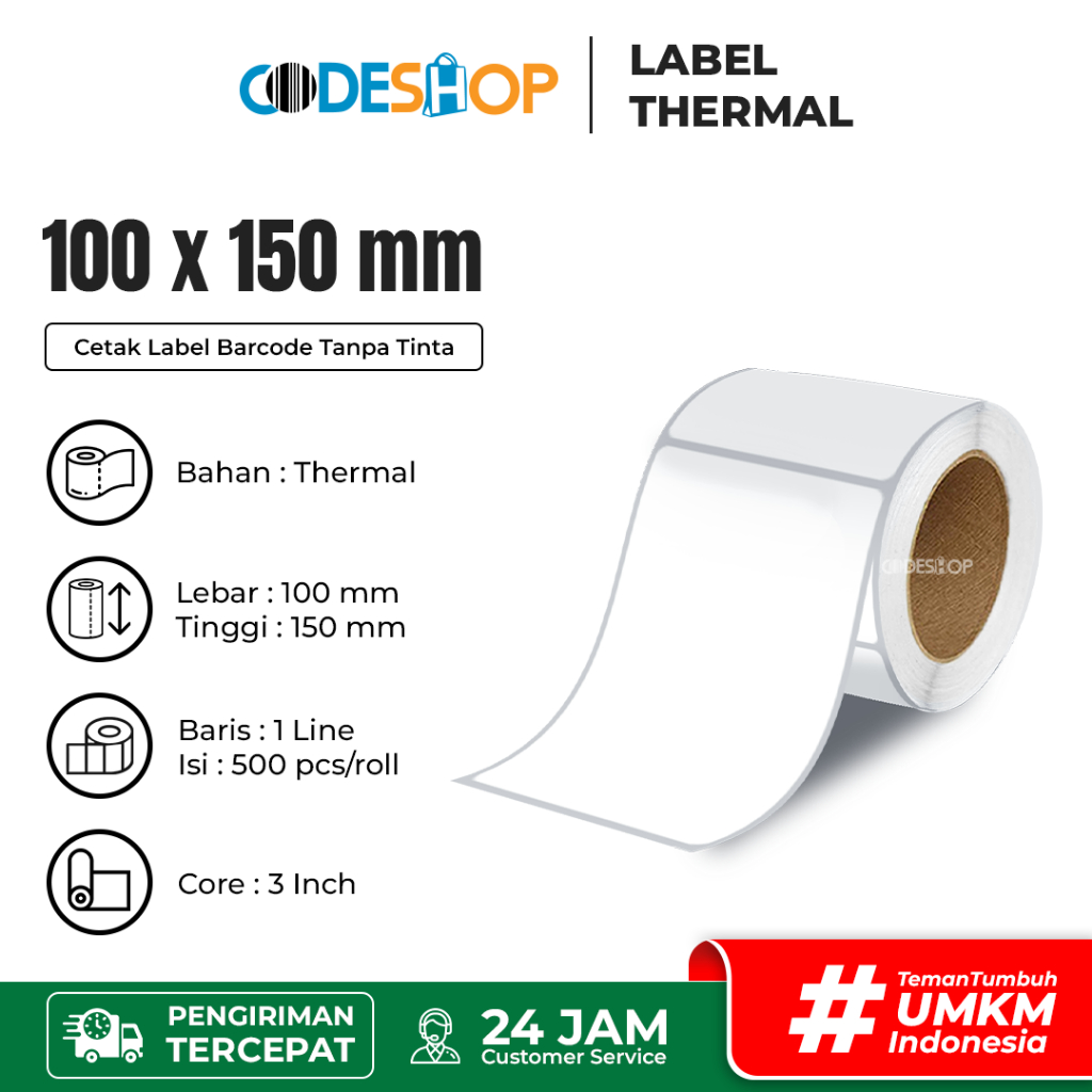 

Codeshop Label Thermal 100 x 150 mm 1 Line 3 inchCore isi 500 Pcs Stiker