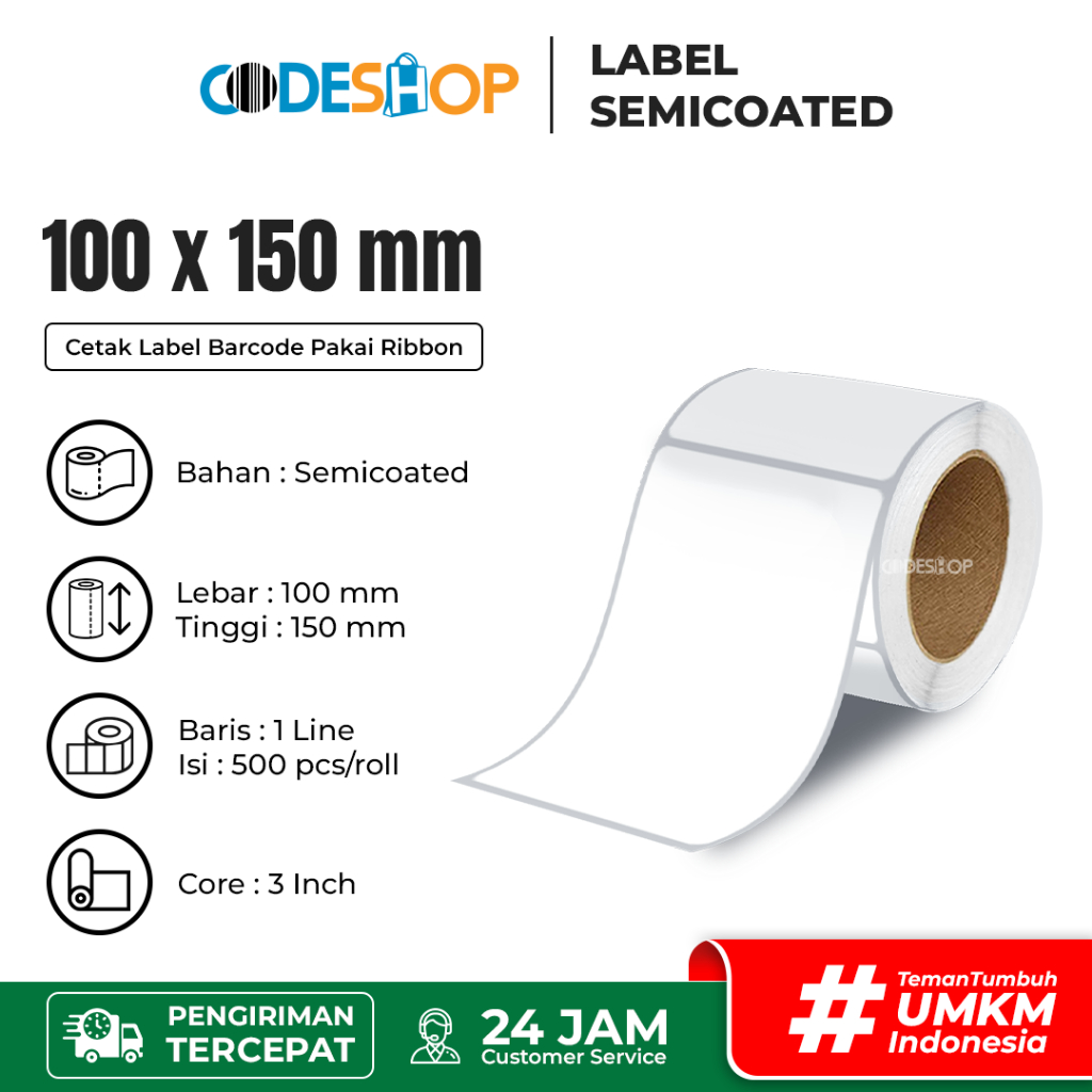 

Codeshop Stiker Label Barcode 100 x 150mm Semicoated 1 line isi 500 pcs