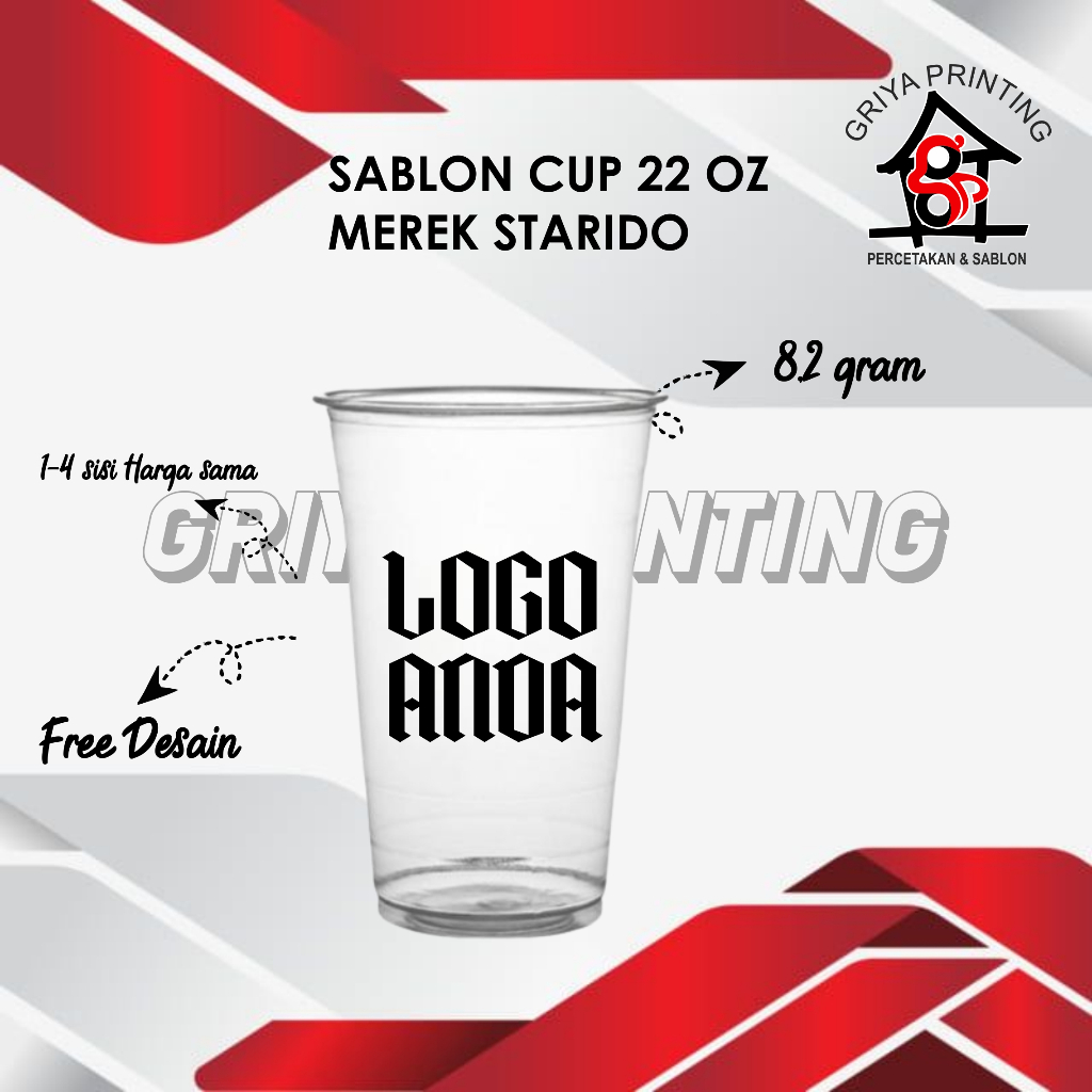 Sablon Custom Cup Plastik datar merek Starindo Tebal 8.3gram Ukuran 22 OZ, Sablon Custom Gelas Plast