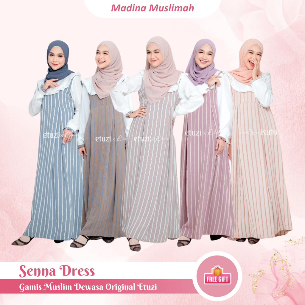 [Original] Senna Dress by Etuzi Gamis Muslimah Bahan Katun Anti Kusut Motif Casual Aksen Overall Ruf