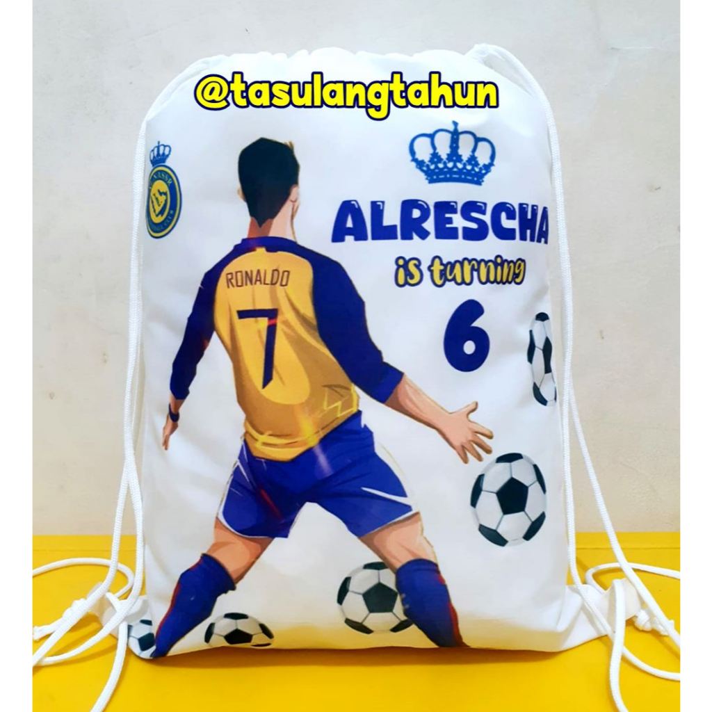 

Tas ulang tahun anak RANSEL Souvenir Ultah GoodieBag Bingkisan Blacu Christiano Ronaldo CR7 BASEBALL sepak bola futsal basket football lionel messi al nassr