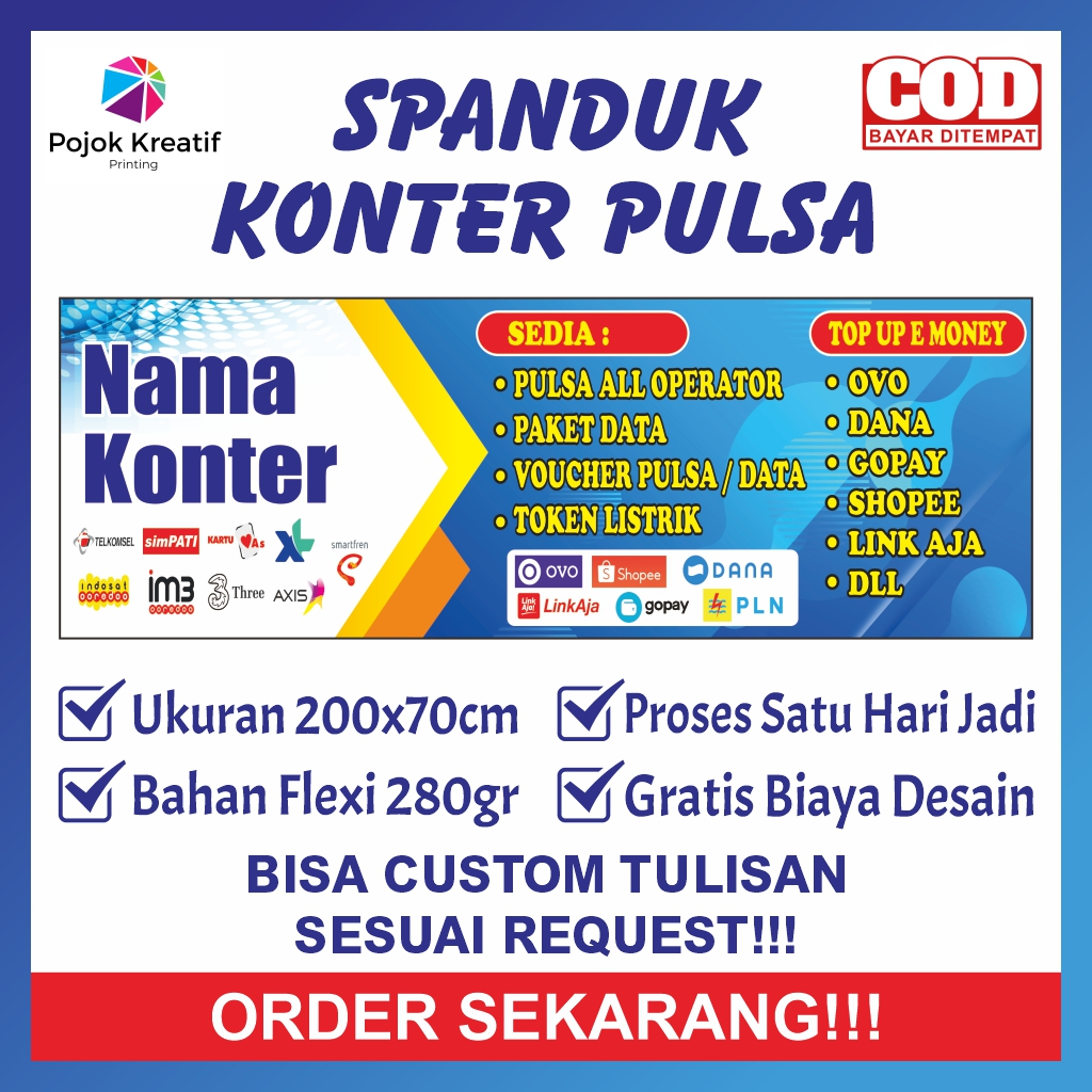 SPANDUK BANNER AGEN KONTER PULSA HP 200x70cm CUSTOM REQUEST GRATIS DESAIN POJOK KREATIF PROSES CEPAT