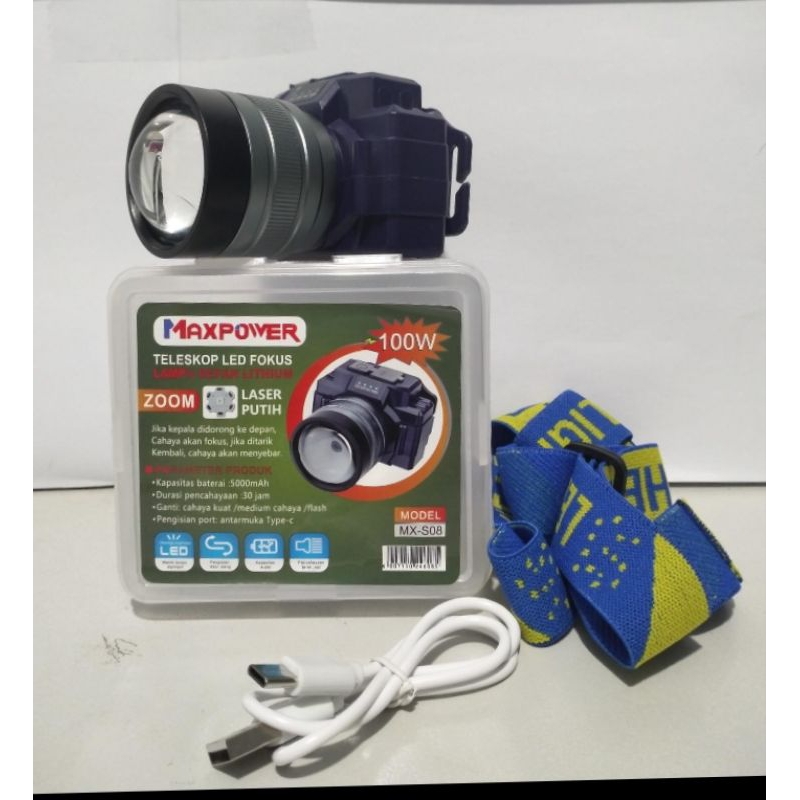 Senter Kepala Zoom MX-SO1 Maxpower cahaya putih 100 wat Senter Kepala Zoom Senter Maxpower Cahaya Pu