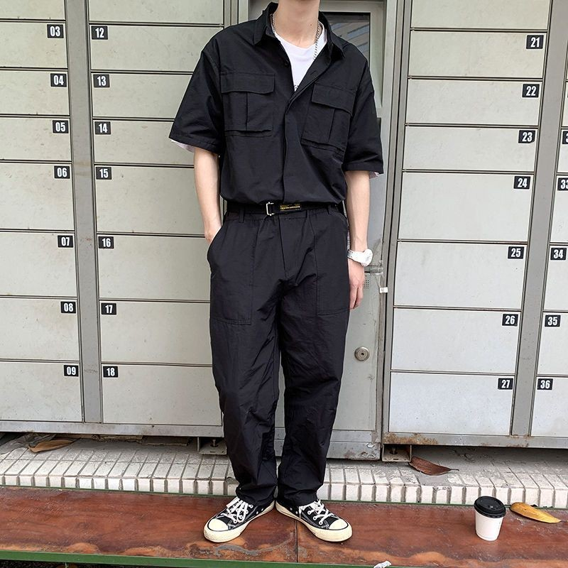 Setelan Baju Kodok Lengan Pendek Pria, Baju Terusan Retro Bergaya Jepang untuk Pria