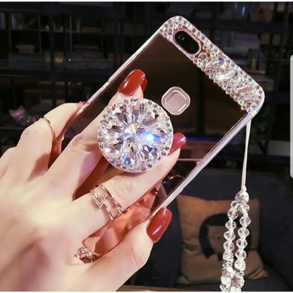Diamond Plated Mirror & Pop Socket Case Oppo A3 A3S A3X A3 Pro A9 2020 A15 A15S