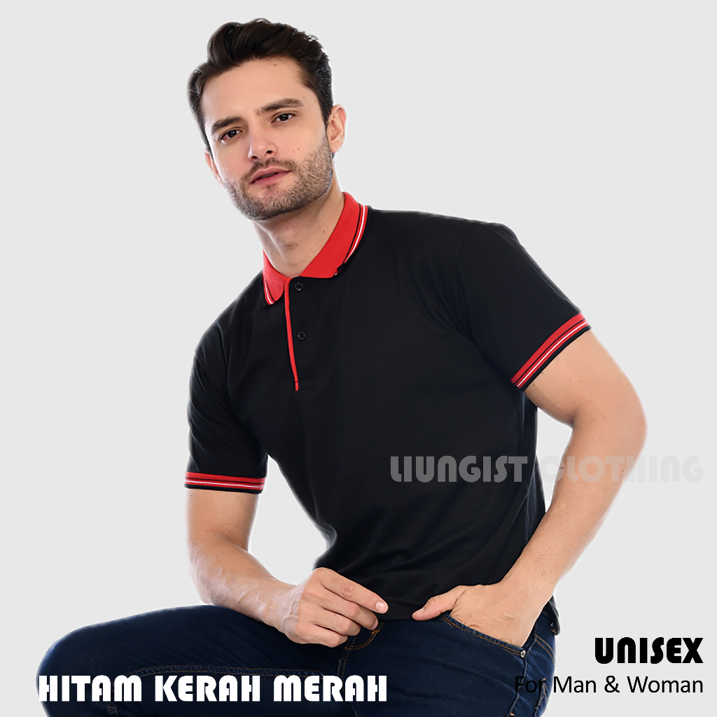 Kaos Polo Unisex Hitam Kerah Merah / Kaos Kerah / Poloshirt / Polo Shirt Pendek