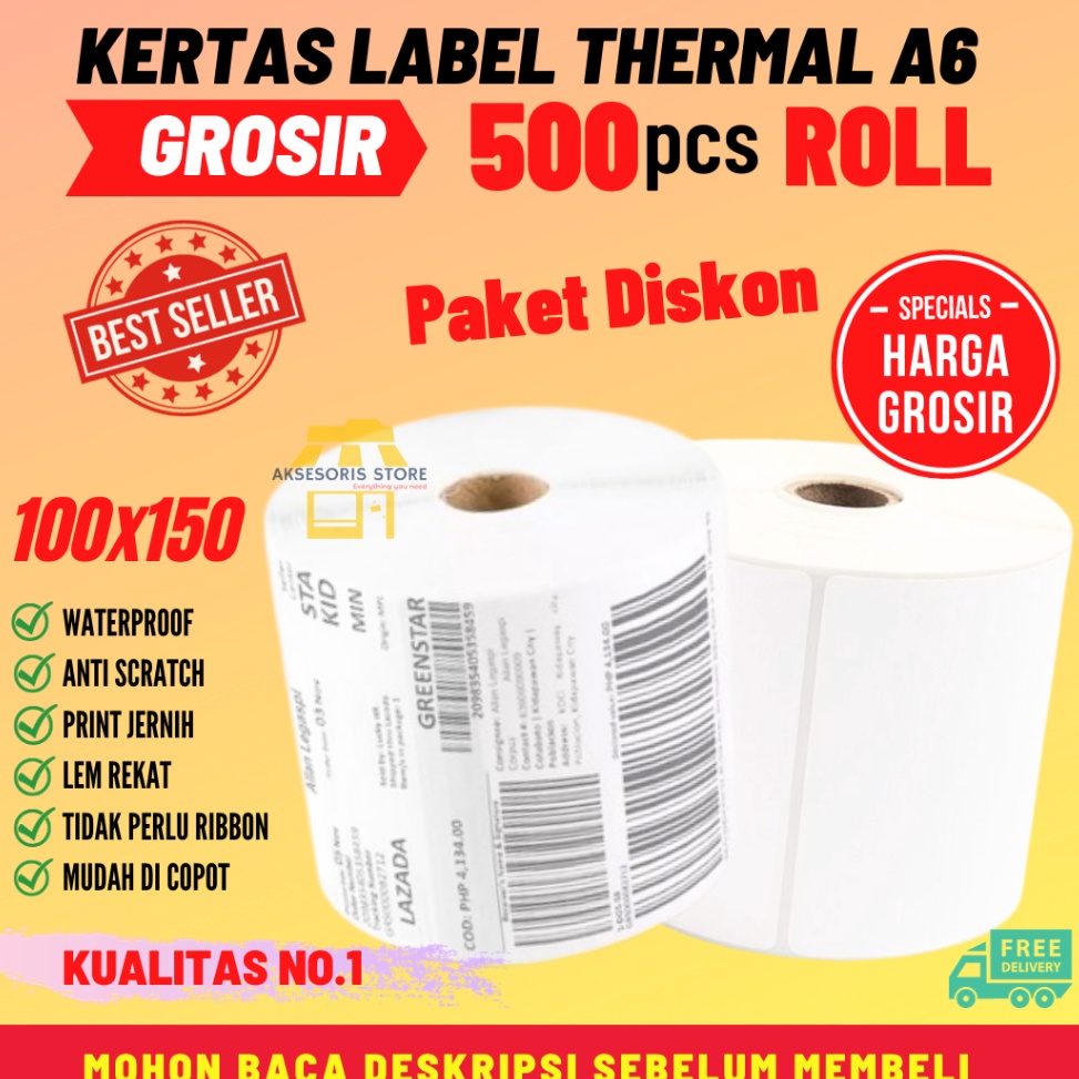 

KODE U26A KERTAS THERMAL LABEL STICKER 1X15 5PCS ROLL UKURAN A6 RESI BARCODE