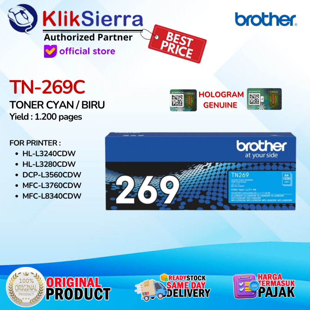BROTHER TN-269C Toner Cyan For Printer HL-L3240CDW / L3280CDW / L3560CDW / L3760CDW / L8340CDW - TN269C TN269 Biru ORIGINAL