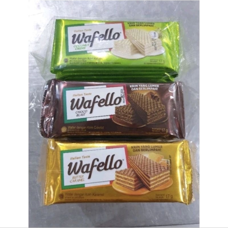 

Wafello Wafer Rasa Coklat, Coconut Cream, Butter Caramel 1 Pack isi 10 pcs.