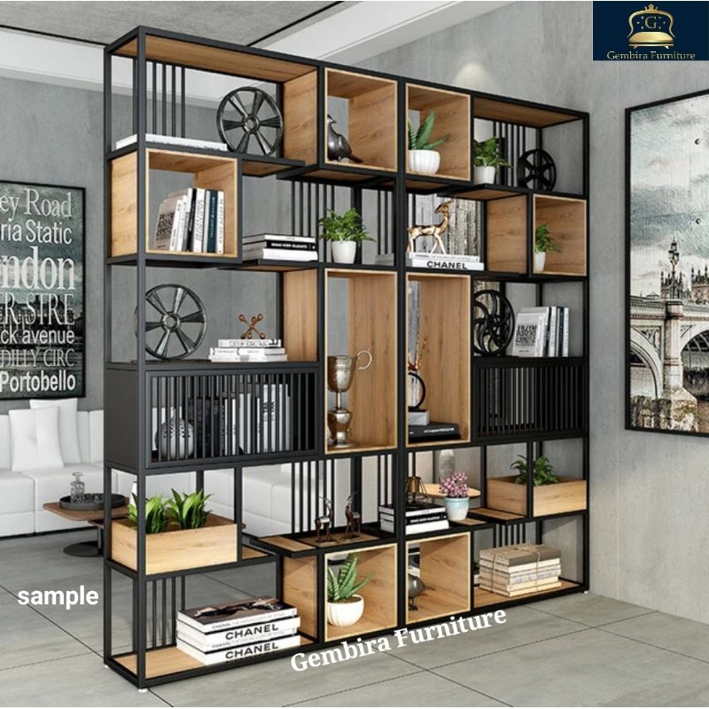 partisi penyekat pemisah pembatas ruangan rak serbaguna multifungsi balok kotak besi kayu minimalis