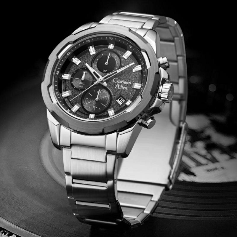 Jam Tangan Pria CRISTIANO AILLEN CA-8888 Rantai Silver Black Chrono aktif Original