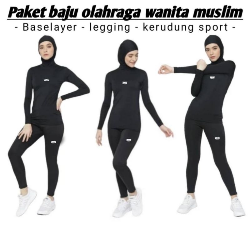 Set 3in1 manset baselayer lengan panjang legging kerudung sport stelan baju olahraha wanita muslim v