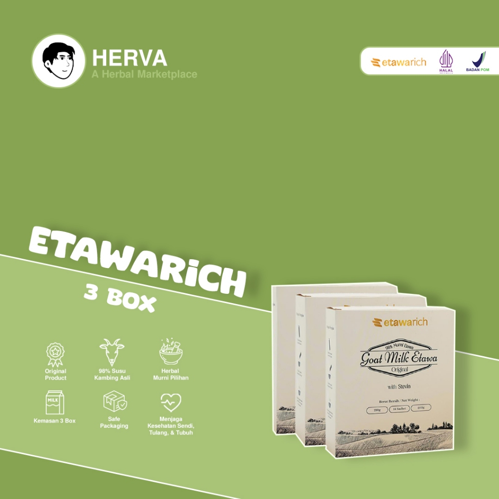 

Etawarich Susu Kambing Asli Etawa Bubuk Kemasan 3 Box | Mengandung Susu Asli Kambing | Diperkaya Ekstrak Herbal Alami | Mengatasi Masalah Tulang dan Sendi | Menambah Berat Badan | Menggemukan Badan | juga Meningkatkan Daya Imun Tubuh Agar Tetap Terjaga