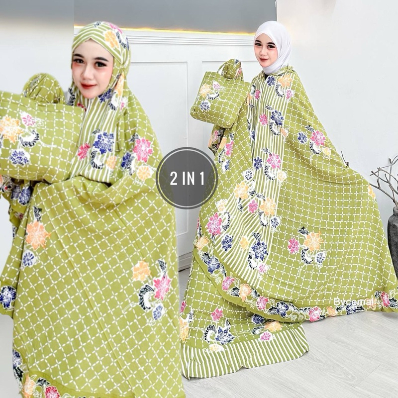 Mukena Batik Cap Malaman dan Tulis Warna Dasar Hitam (Atas Bawah + Tas)