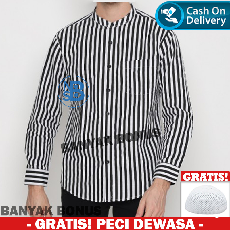 Baju Koko Pria Dewasa Salur Hitam Putih Lengan Panjang Bahan Katun Baju Muslim Pria Kemeja Salur Hit
