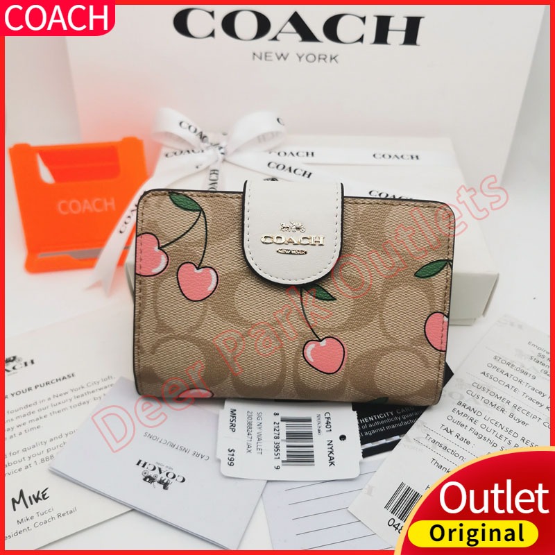 Dompet Coach Wanita Dompet Koin Ritsleting Tempat Kartu Lipat Kulit C-Grain Cf401