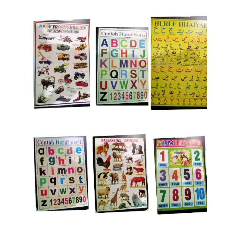 Paket 6 Poster edukasi anak,Poster huruf kecil,huruf besar,transfortasi,huruf hijaiyah,poster hewan,
