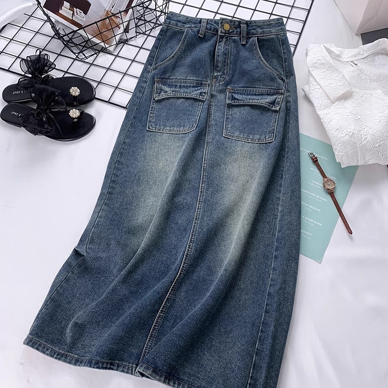 korea Terbaru A-Line Rok panjang Jeans /Highwaist Rok panjang Jeans Wanita