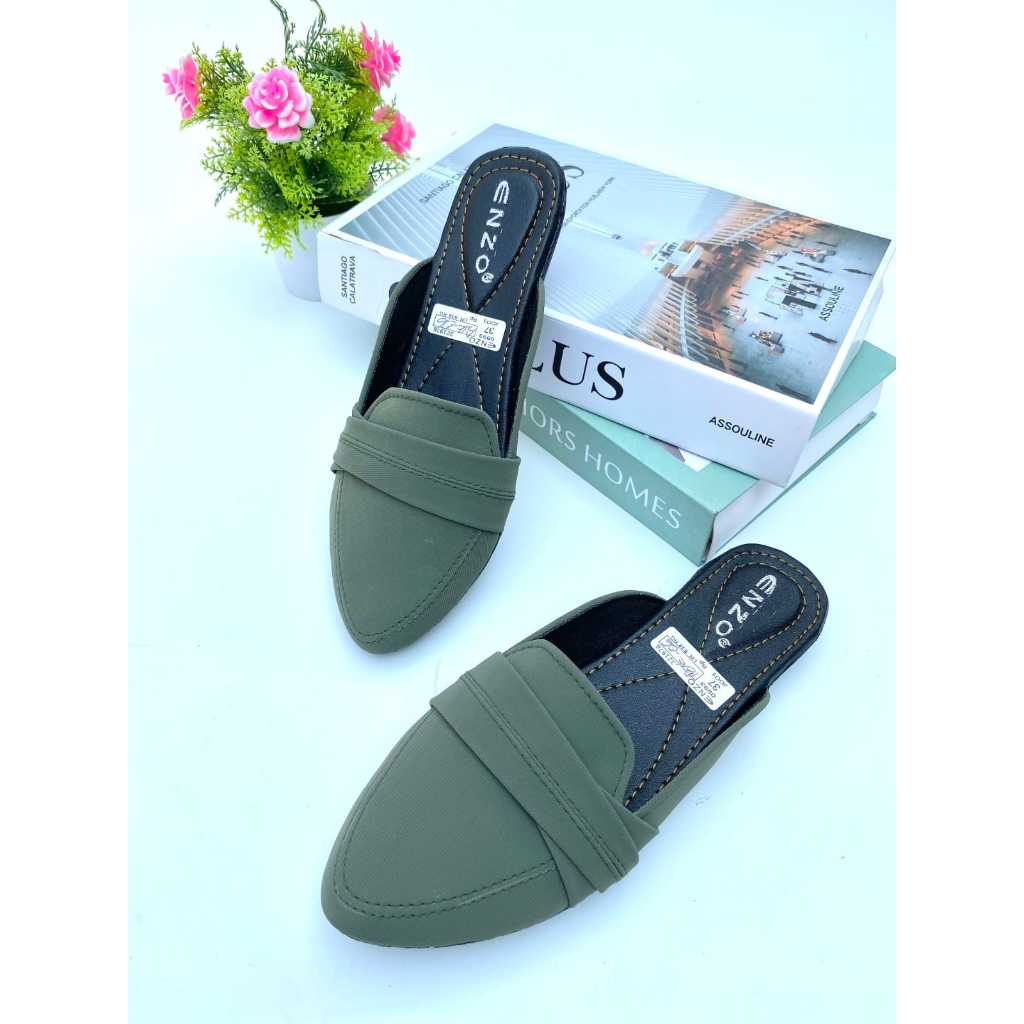 Sepatu Sandal Wanita Slop Slip On Mules Hijau Flatshoes Unik Lucu Korea Style