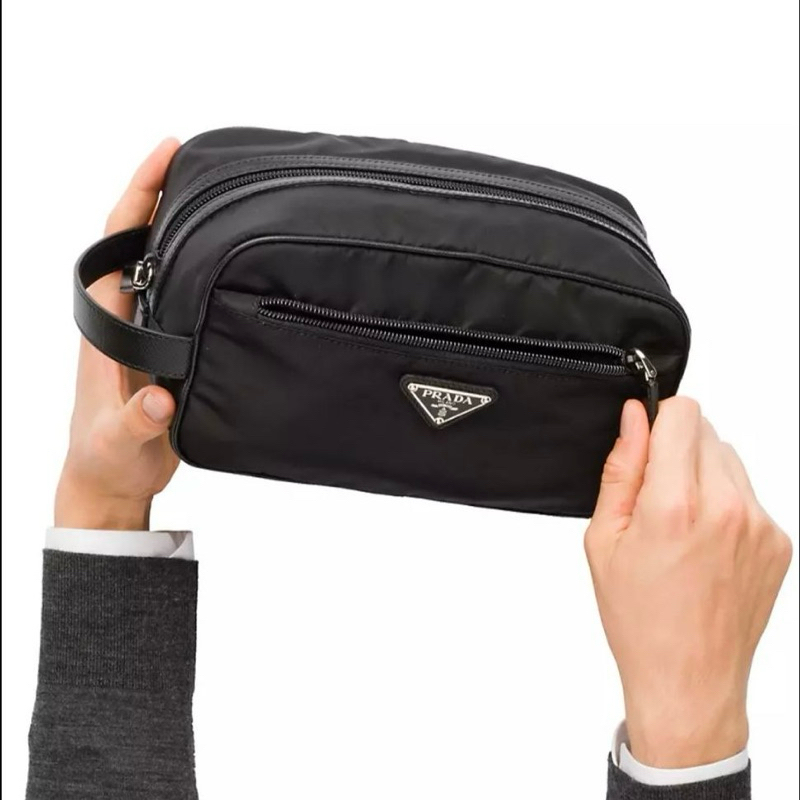 Original Prada Triangle Logo Re-Nylon Travel Pouch / Beauty Case / Pochette in Saffiano Leather