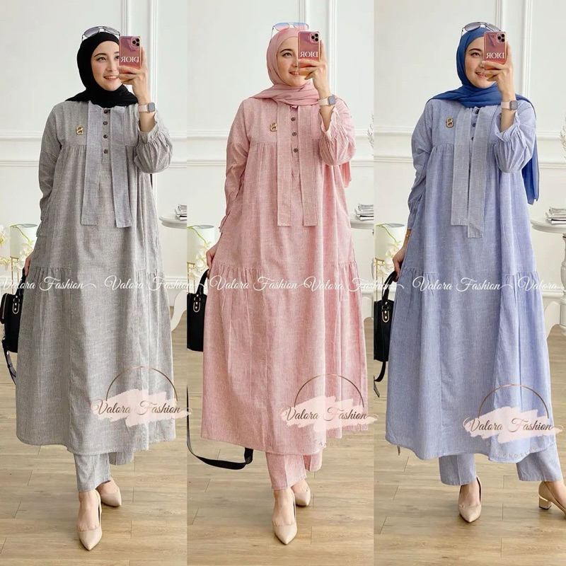 Set Valora Dasi Tunik Korea + Celana / Set Tunik Mewah / Set Tunik Kain Premium / Long Tunik Mewah
