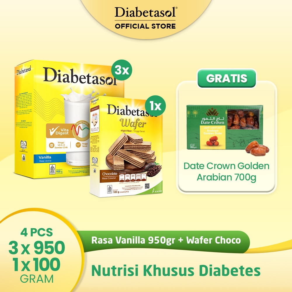 

Buy 3 Diabetasol Jumbo Vanilla 950g & Diabetasol Wafer Chocolate 2x50g Free Date Crown Golden Arabian 700g