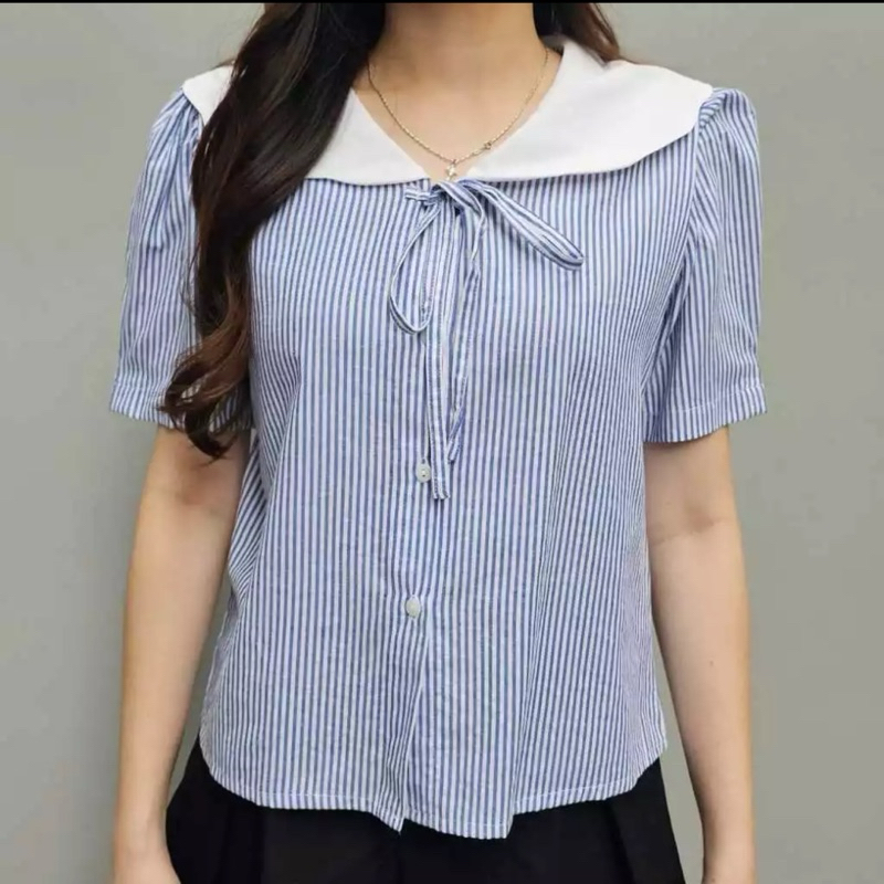 Stripe Shirt atasan cewek salur ayoona Kemeja Lengan Pendek Casual Motif Garis-Garis Bahan Katun