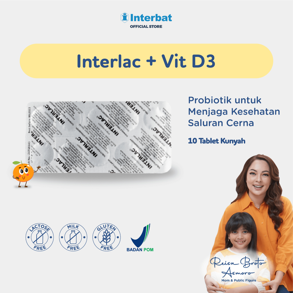 Interlac Probiotik + Vit D3 400 IU 1 Strip @10 Tablet - Menjaga Kesehatan Saluran Cerna dan Daya Tah