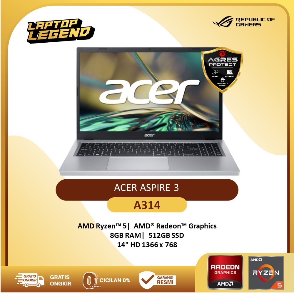 LAPTOP ACER Aspire 3 A314 Ryzen 5 7520 Ram 8gb 512gb SSD W11 14"