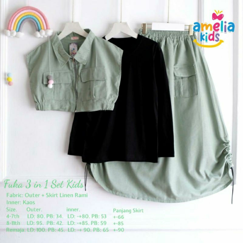 Fuka 3in1 set kids setelan rok outer linen inner kaos anak remaja