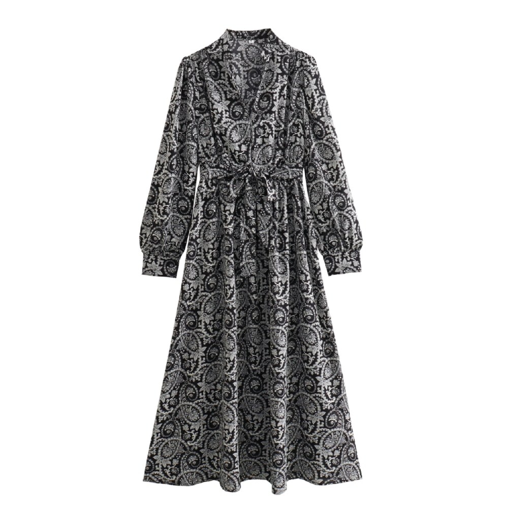 Midi Dress Wanita Lengan Panjang Motif Black Retro Pattern Korean Dress