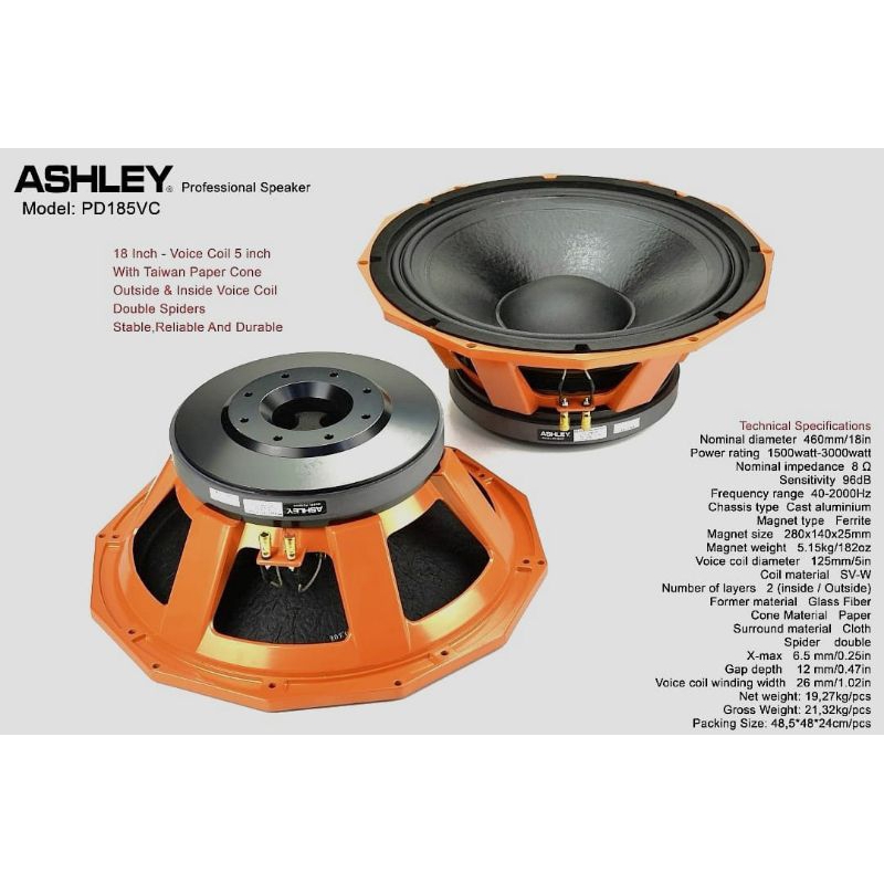 Speaker Ashley 18 Inch PD185VC  Voice Coil 5 3000 Watt