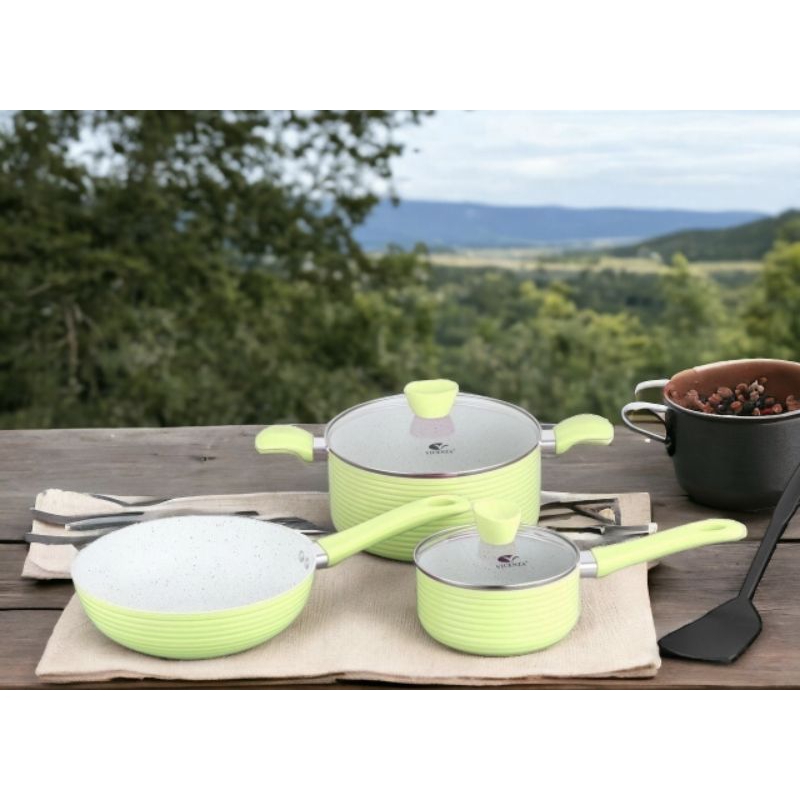 Set Panci Ulir merek VICENZA V833 warna Hijau (Green), Panci besar 24cm, panci sedang 16,5cm, tutup 