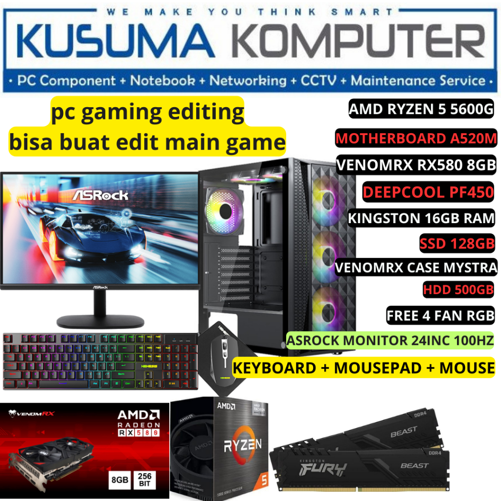 FULLSET PC GAMING FULL SET LENGKAP RYZEN 5 5600G / RX 580 / 24 INCH MONITOR