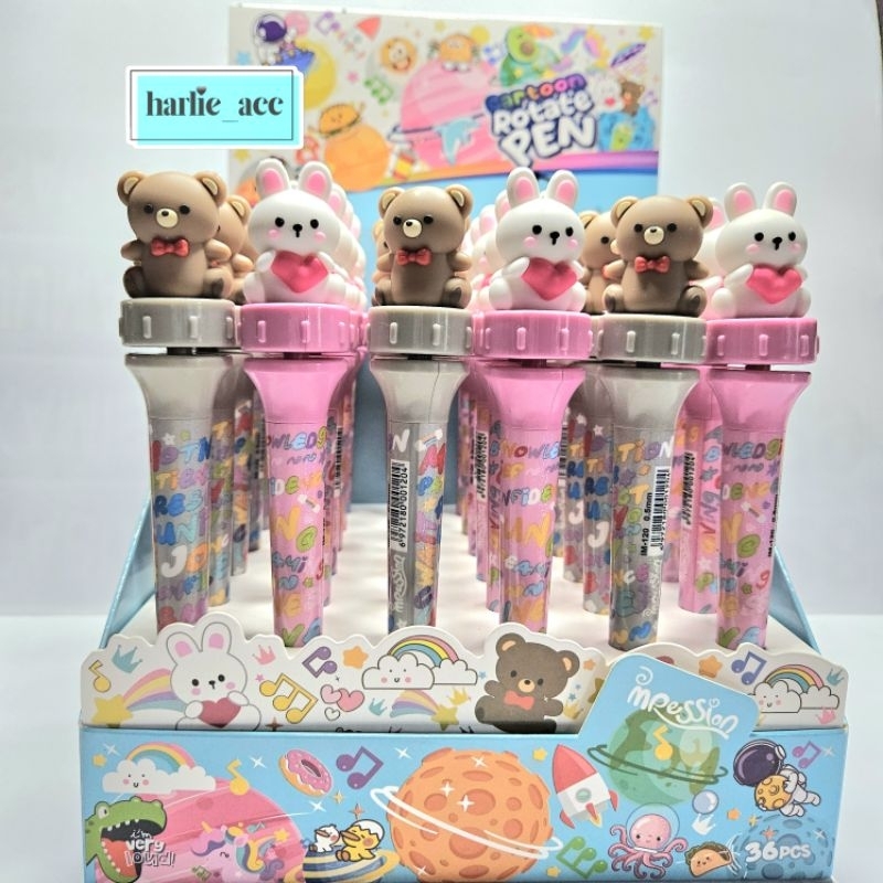 

Bolpen gel putar rotasi karakter cute/ pen rotate cartoon bear rabbit/ bolpoin kartun tinta hitam