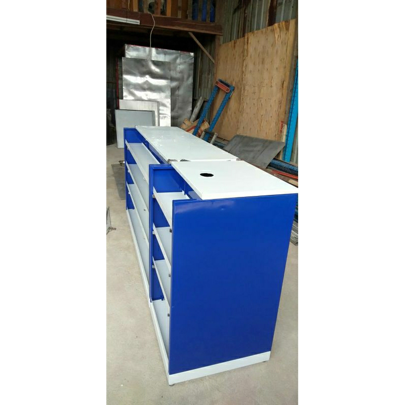 meja kasir lurus 195x65x90 biru shelving hitam