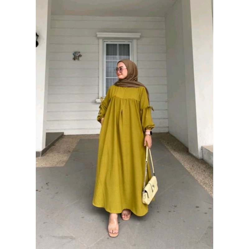 Gamis cringkle/dress muslimah/dress cringkle/dress lengan tali balon
