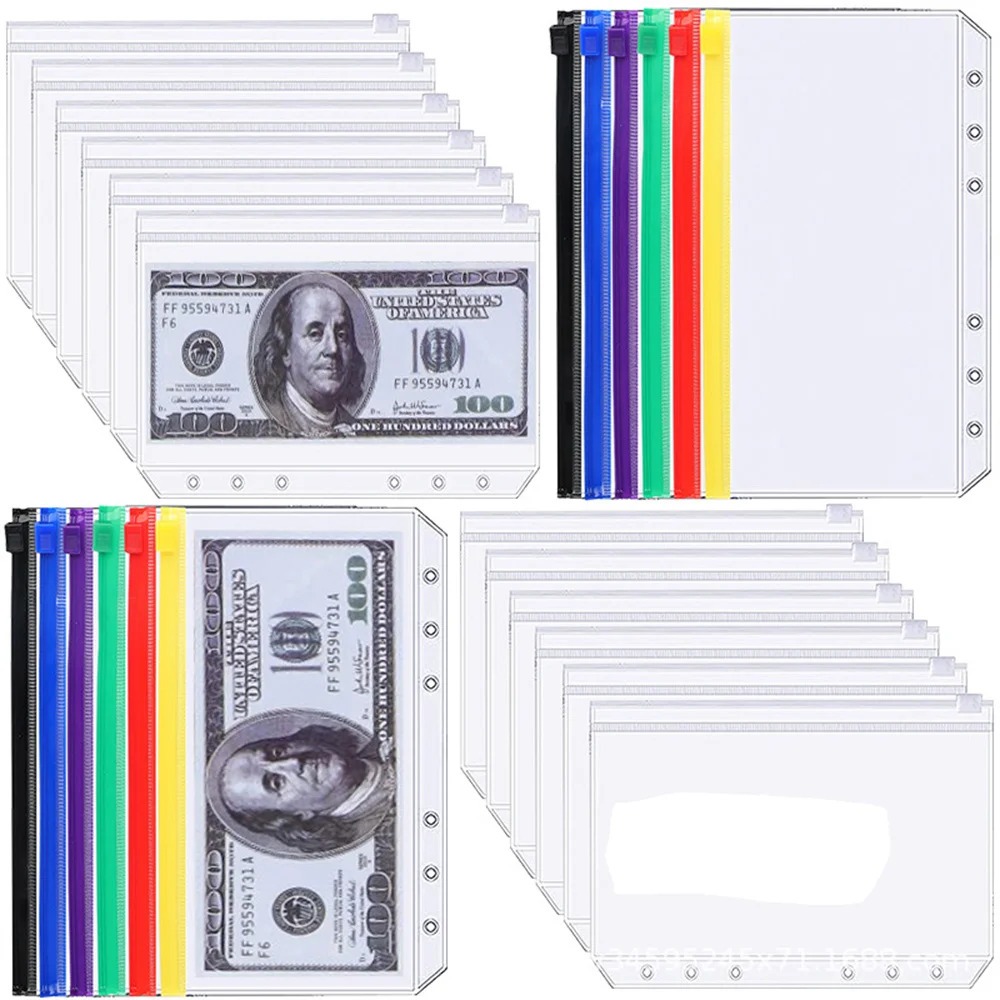 

12 PCS A6 6-Lubang Kantong Pengikat Kantong Pengikat Ritsleting Amplop Anggaran Kas Tahan Air PVC Ritsleting untuk Perencana Perjalanan Perencana Notebook