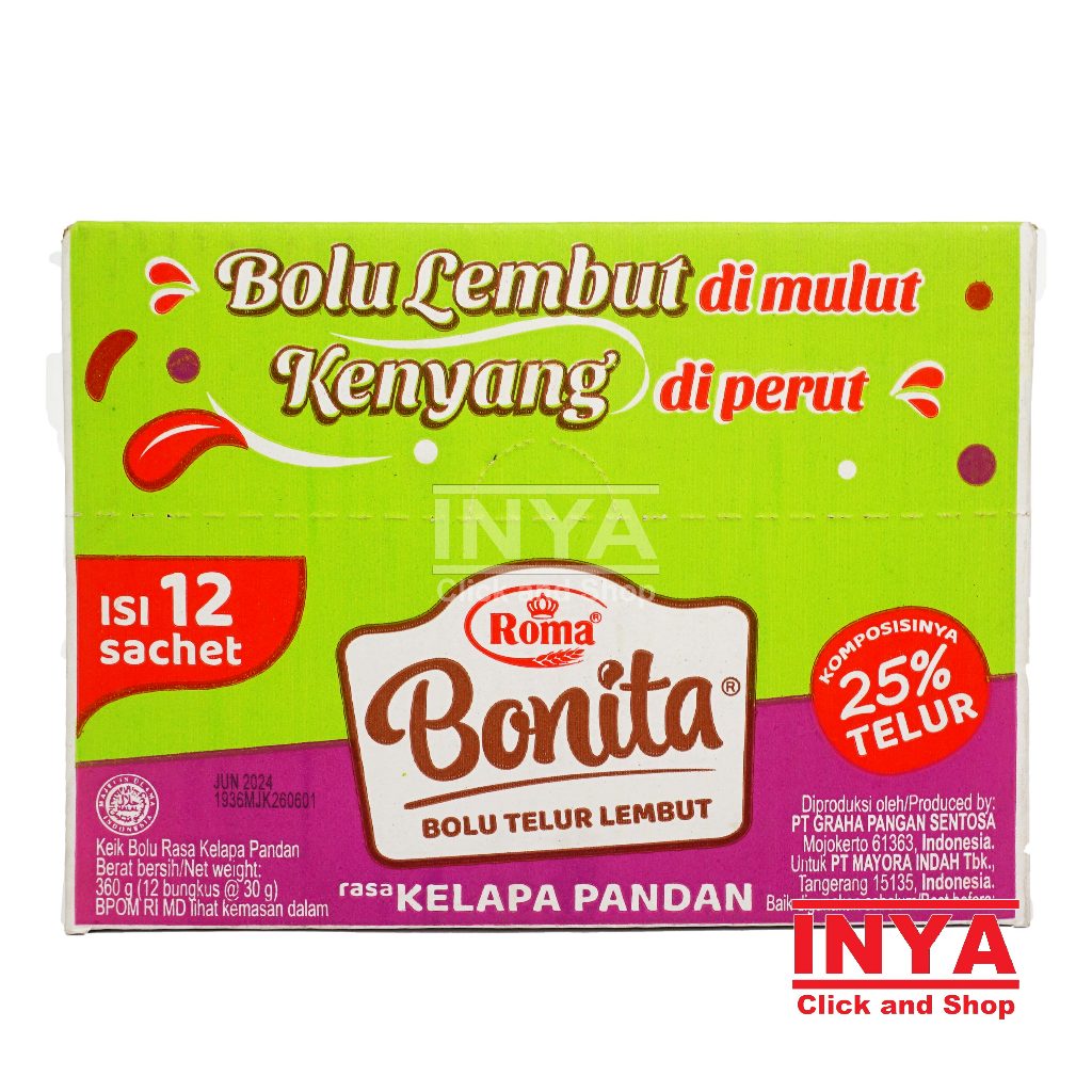 

Roma Bonita Bolu Telur Lembut Rasa Kelapa Pandan 12x30gr BOX