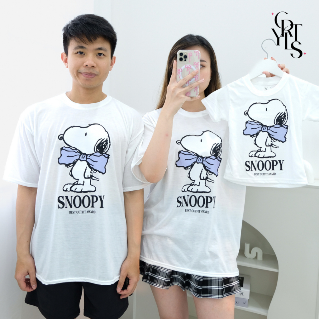 CAROTYLES  Baju Kaos Couple Keluarga Motif Snopy Ribbon Wanita Atasan Lengan Pendek dan Panjang Katu