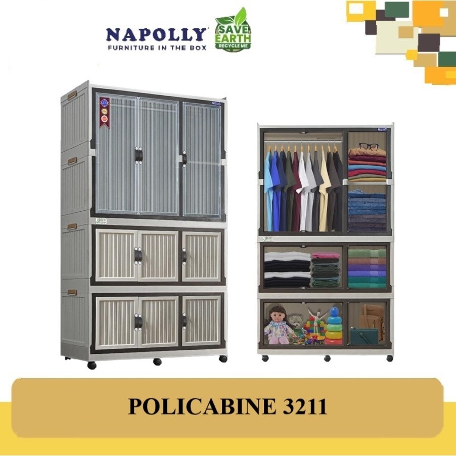 Lemari Pakaian Gantung Napolly Jumbo / Lemari Plastik Roda / Rak Baju Serbaguna FOLDING CABINE 3211 