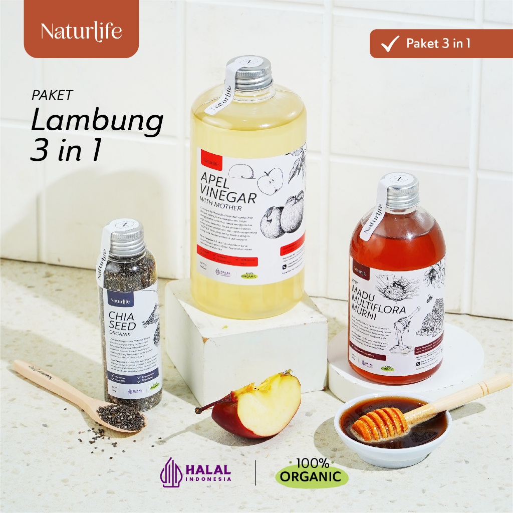 PAKET 3 IN 1 CUKA APEL ORGANIK 500ML MADU HUTAN CHIA SEED NATURLIFE UNTUK DIET WAJAH LAMBUNG ORIGINA