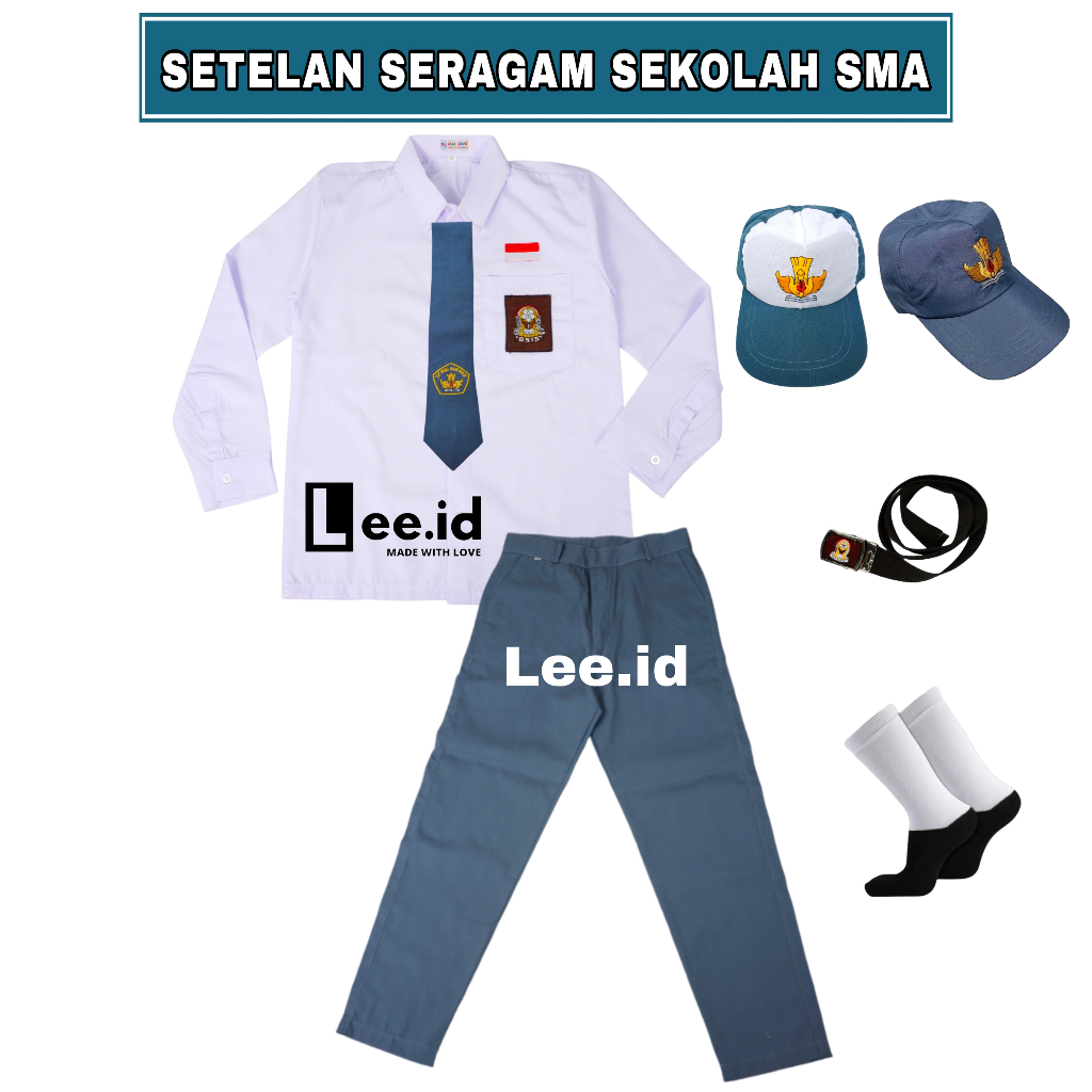 Setelan Seragam SMA SMK Abu Putih Laki-laki Baju Lengan Panjang Celana Panjang Paket Komplet dengan 