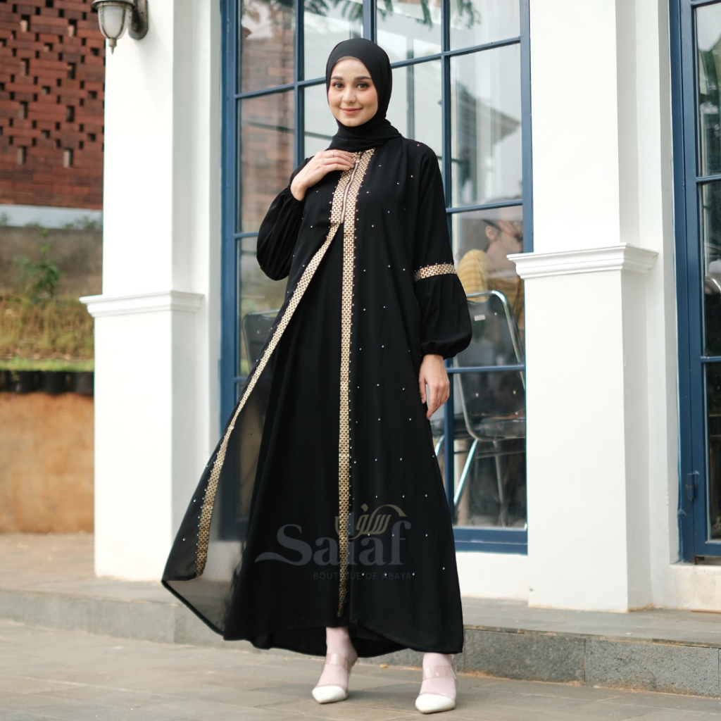 Gamis Hitam Turkey Abaya Saudi Bahan Jetblack Resleting Depan Busui-2