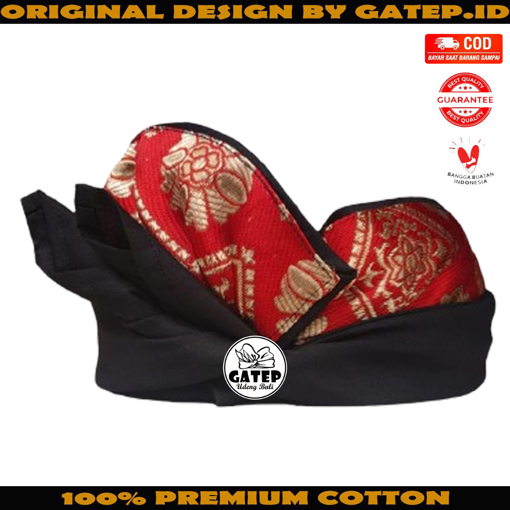 Udeng Bali Setengah Jadi Hitam Polos Tepi Merah Motif Bunga Emas