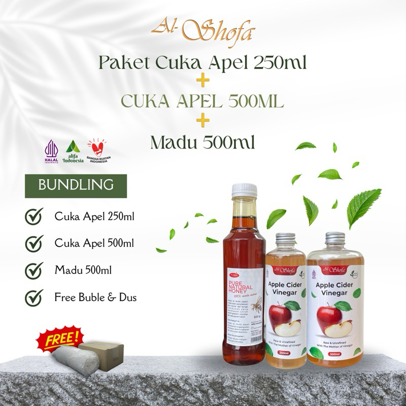 

Al Shofa Cuka Apel 500ml & 250ml With Mother & Al Shofa Pure Natural Honey 500gr Free Kardus & Bubble Wrap