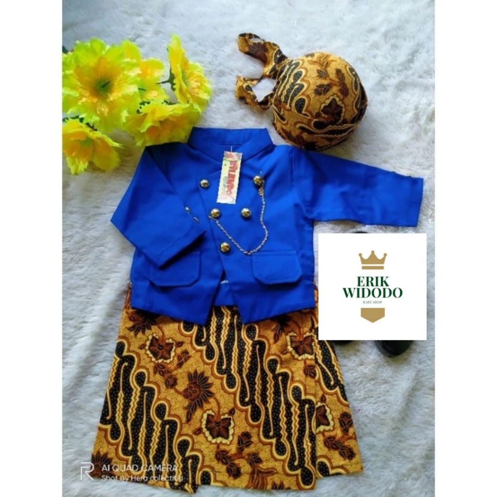 Setelan beskap bayi anak Gratis Blangkon warna biru